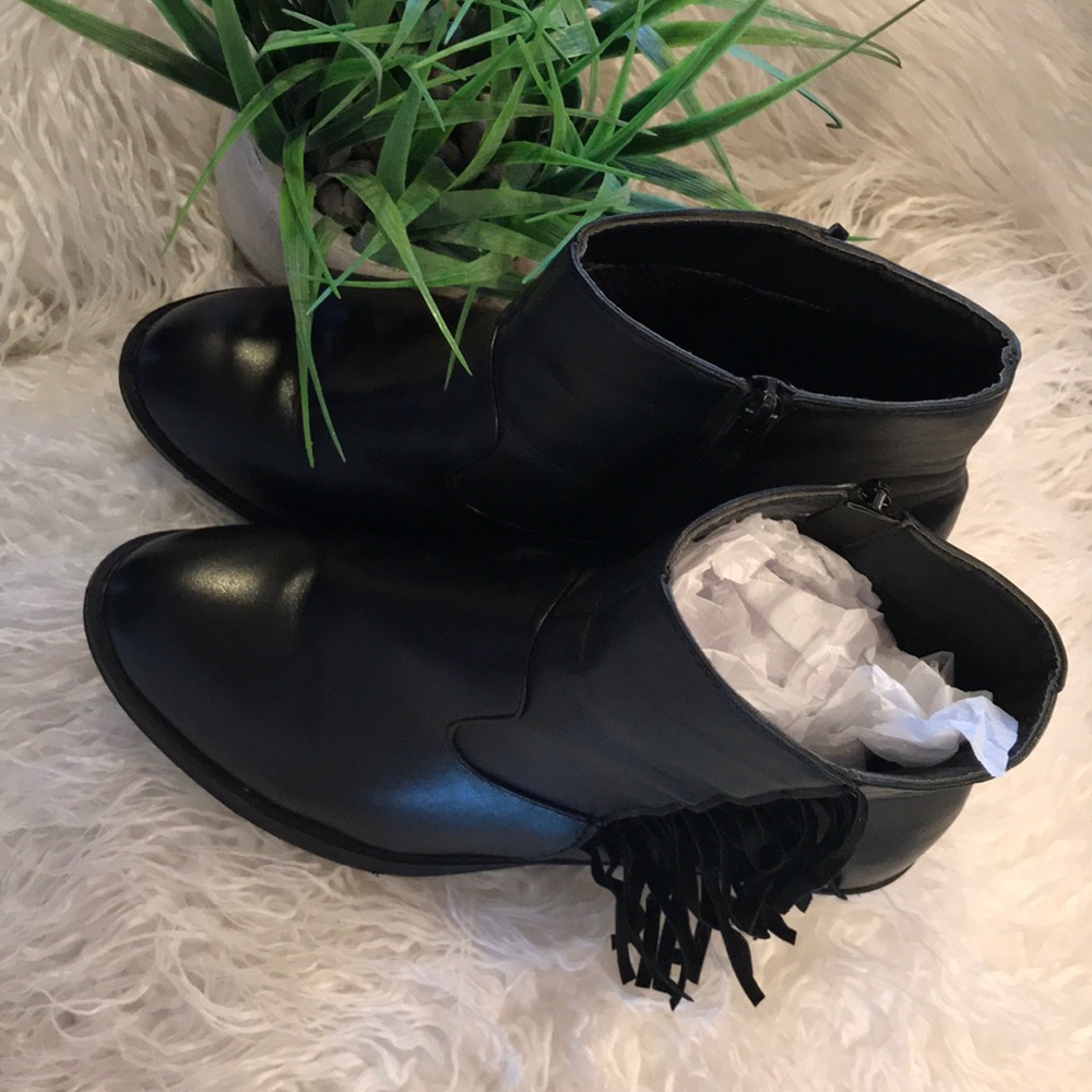 Black Fringe Zip Up Ankle Boots